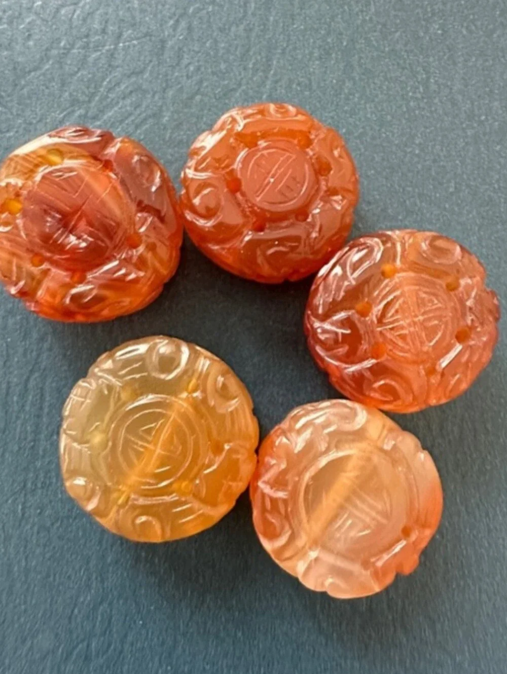 Vintage Carved Carnelian Round Beads - Set of 5